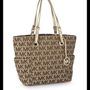 Michael Kors Tote Bag Coated Canvas MK Logo Neutral Brown White Straps Classy .